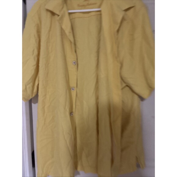 Tommy Bahama Shirt L Silk Blend Yellow Pocket Beach Button Up Short Sleeve Mens - Picture 5 of 9